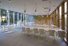 Plan large de l'intérieur de la cantine scolaire. On voit des tables et des chaises en bois clair et une grande ouverture vers l'extérieur sur la gauche de la salle.