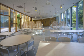 Plan large de l'intérieur de la cantine scolaire. On voit des tables et des chaises en bois clair et une grande ouverture vers l'extérieur sur la gauche de la salle.