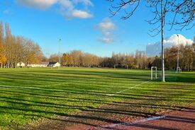 Photo d'un terrain de football au sein d'un grand espace de verdure et de forêt.